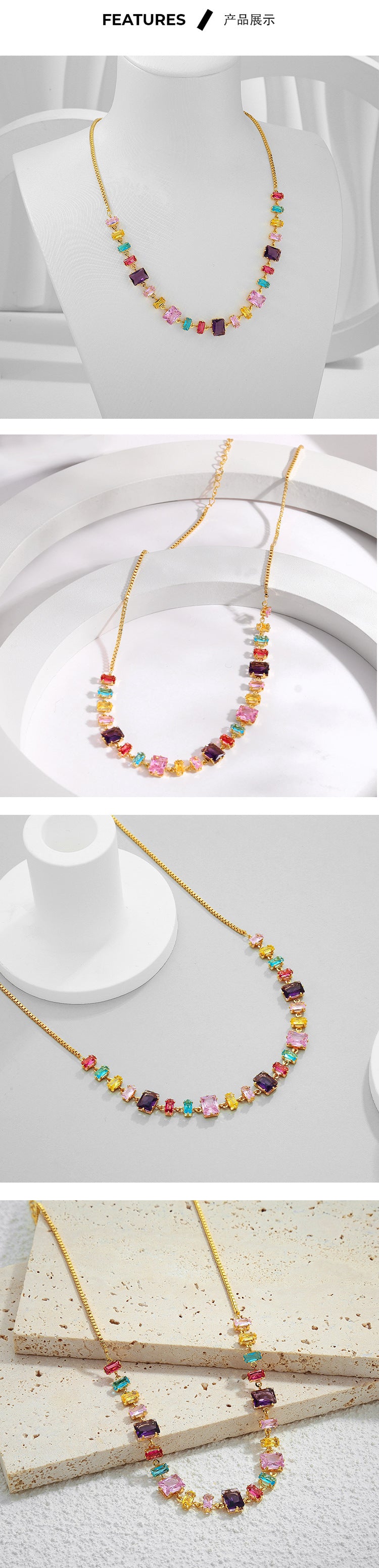 zensoullab Jewelry Necklace Light Luxury Inlaid Geometric Colorful Zircon Jewelry Collarbone Chain Dopamine High-end Niche Women