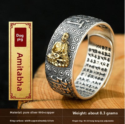 Zensoullab Vintage Thai Silver Zodiac Ring Birth Buddha Heart Sutra Opening Adjustable Men and Women Eight Patron Saints Ring