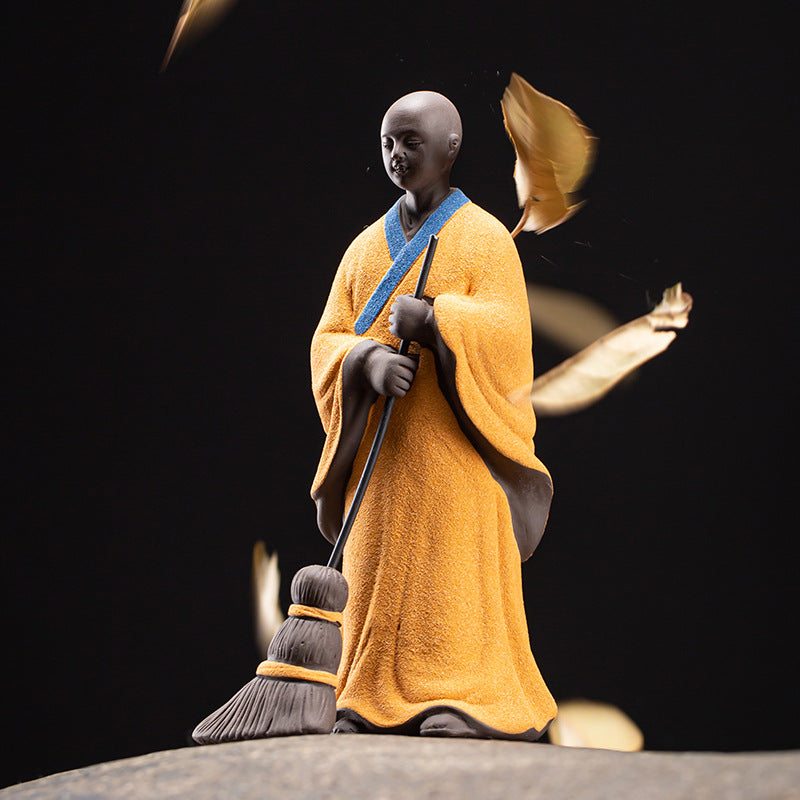 zensoullab Sweeping Monk Ceramic Little Monk Creative Ornament Chinese Style Study Office Zen Desktop Decoration Craft Display