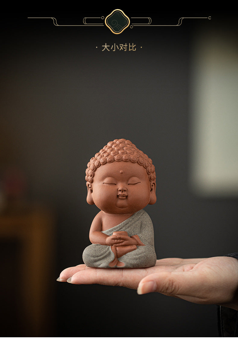 zensoullab Zen Purple Clay Small Buddha Figurine Cute Buddha Statue Chinese Style Home Tea Room Curio Shelf Tea Table Decoration