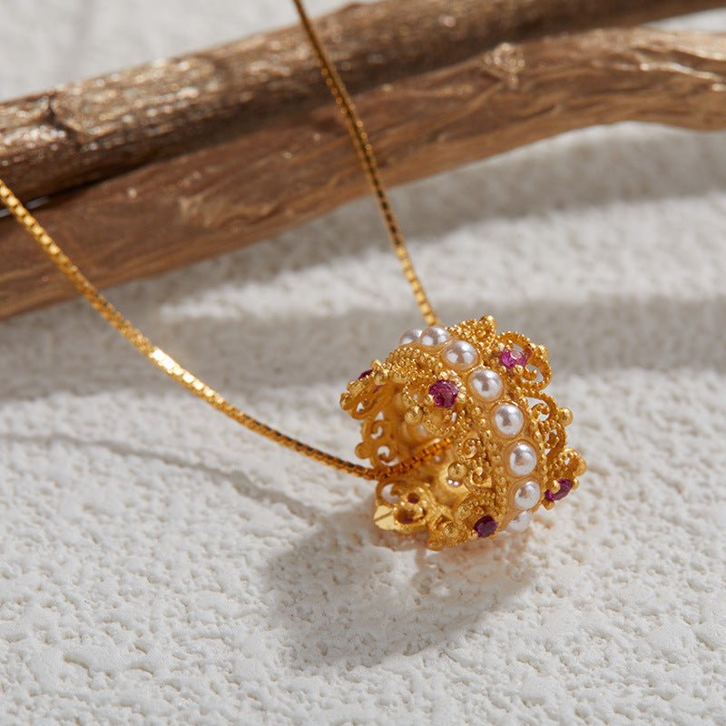 zensoullab S925 Sterling Silver Ancient Gold Necklace for Women Vintage Hollow National Trend Versatile Elegant Pendant Jewelry