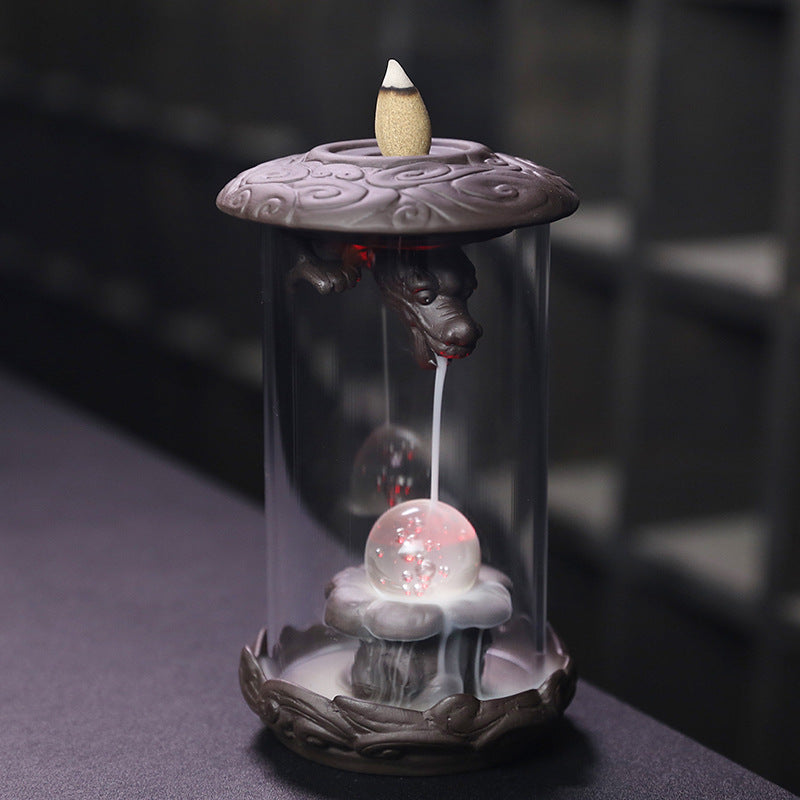 zensoullab New Purple Clay Dragon Backflow Incense Burner Creative LED Light Windproof Cover Dragon Backflow Incense Burner Home Decor Original