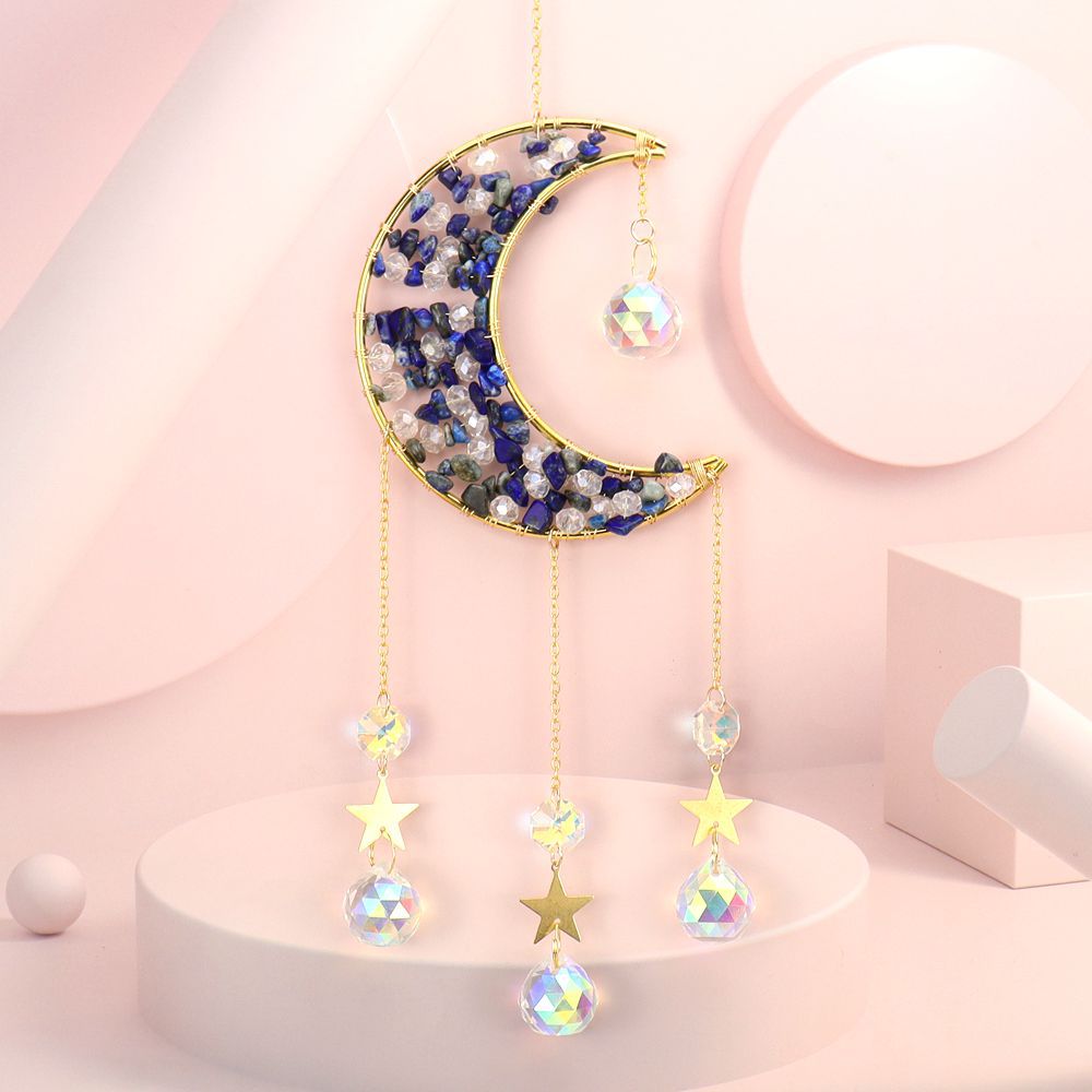 zensoullab Handmade Beaded Natural Crystal Crushed Stone Moon Star Wind Chime Craft Decoration Pendant Sun Catcher