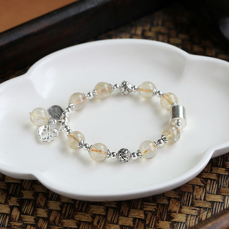 zensoullab Natural Golden Rutilated Quartz Bracelet for Women S925 Silver Lotus Tassel Bracelet High-end Crystal Bracelet
