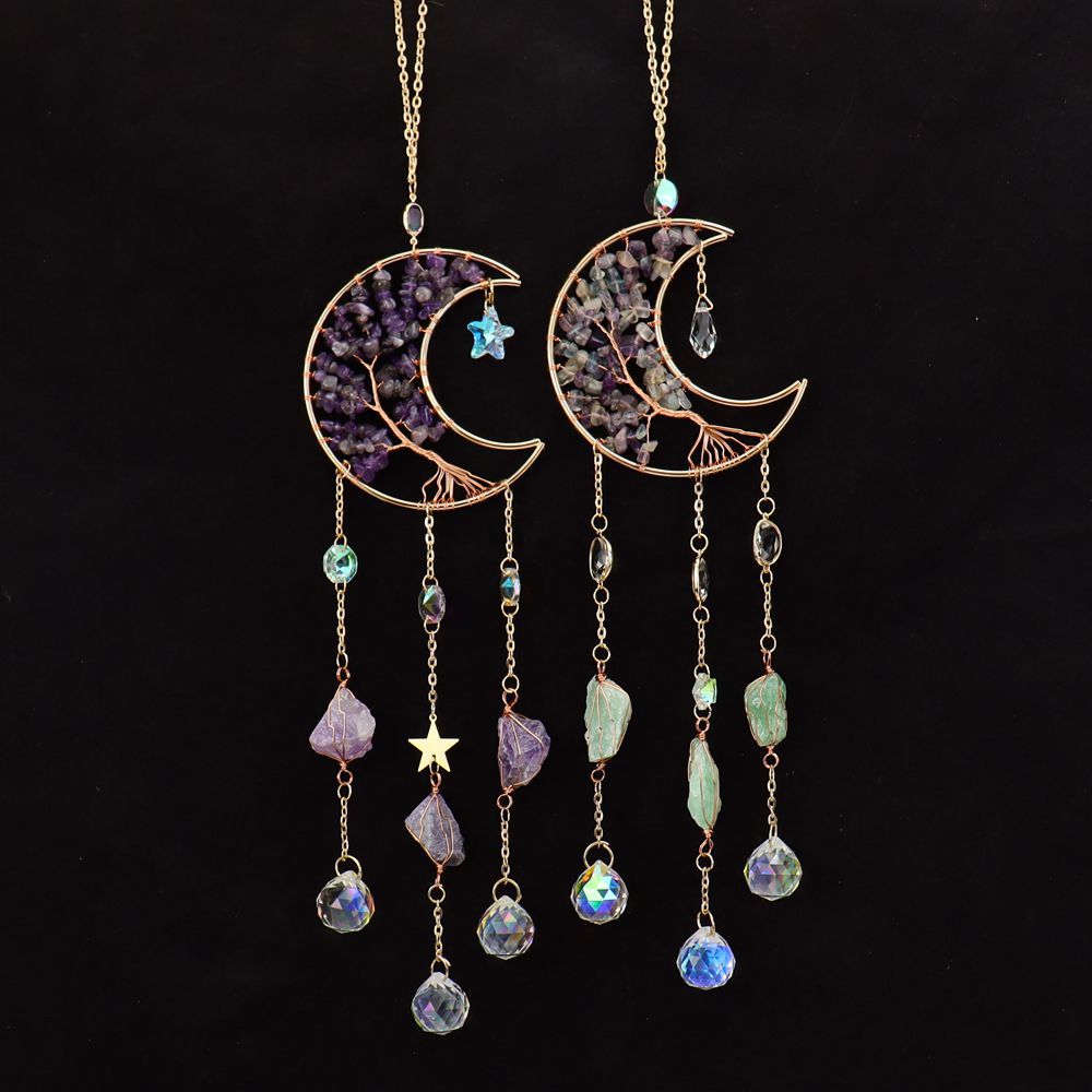 zensoullab Natural Amethyst Gravel Moon Sun Catcher Wind Chime Light Decoration Hanging Ornament Home Decor Gift