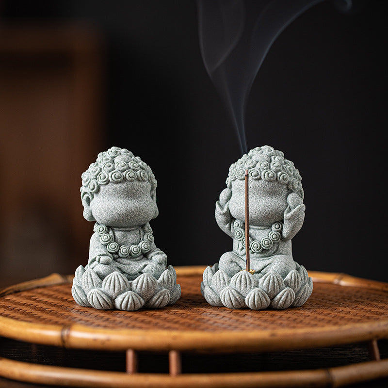 zensoullab Zen Style Chinese Qingsha Cultural Creative Four Small Buddha Incense Holder Incense Stand Incense Tray Tea Pet Living Room Indoor Tea Ceremony Aromatherapy Burner