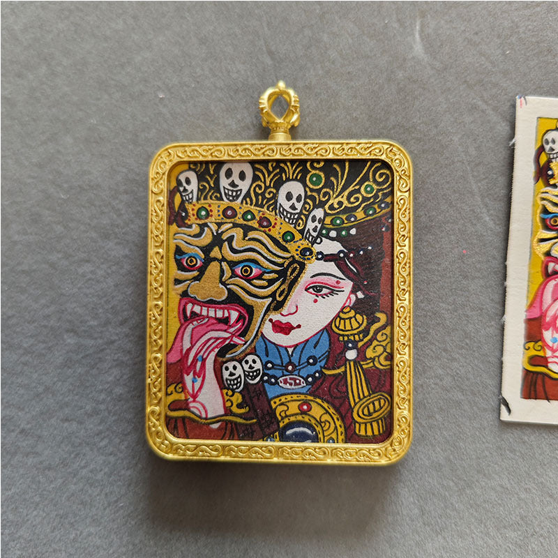 zensoullab Nepal Hand-painted Female God of Wealth Thangka Zaka Ram Past and Present Life Tibetan God of Wealth Small Thangka Gawu Box Pendant