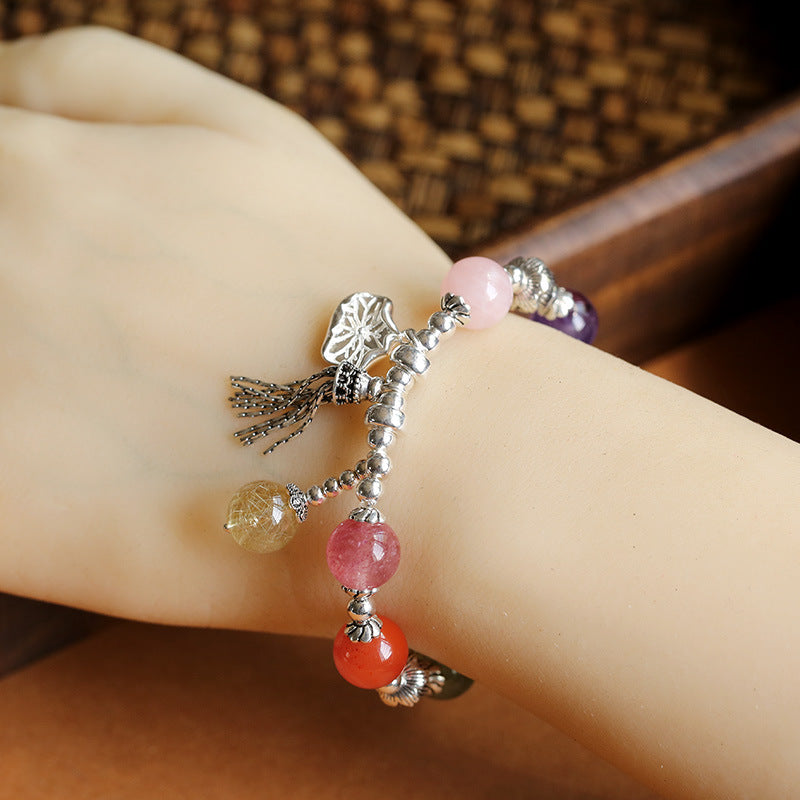 zensoullab Natural Multi-Gemstone Crystal Bracelet S925 Silver Lotus Tassel Bracelet Crystal Beaded Bracelet