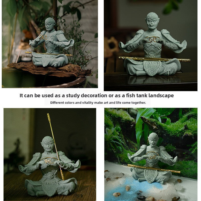 zensoullab Green Sand Stone Great Sage Tea Pet High-end Gift Handheld Piece Fish Tank Wukong Ornament Rockery Landscaping Home Decoration Bonsai