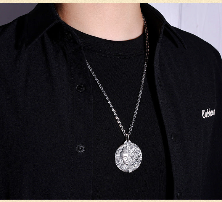 zensoullab Thai Silver Vintage Buddha and Demon One Thought Pendant Men's Solid Vintage Round Large Buddha Pendant Chinese Style Necklace