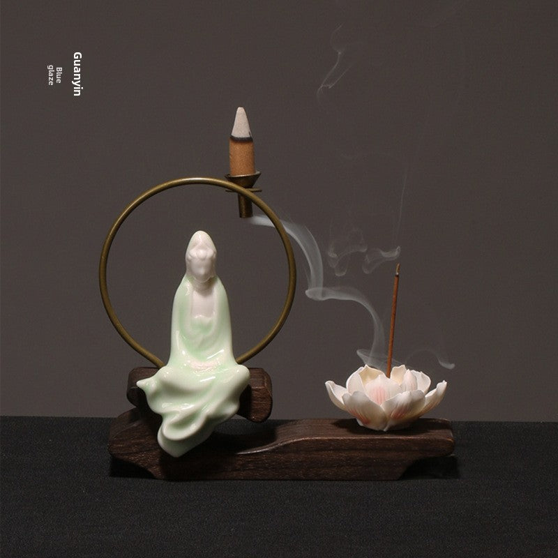 zensoullab Creative Chinese Ceramic Ornament Phaseless Buddha Statue Home Backflow Incense Burner Sandalwood Aromatherapy Burner Incense Holder Incense Device Wooden Incense Stand