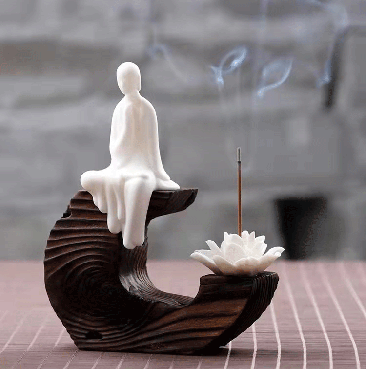 zensoullab Creative Phaseless Buddha Ceramic Ornament Backflow Incense Burner Little Monk Incense Home Indoor Incense Holder Sandalwood Incense Burner