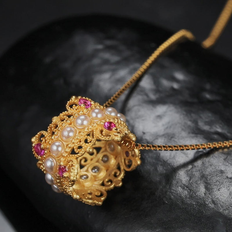 zensoullab S925 Sterling Silver Ancient Gold Necklace for Women Vintage Hollow National Trend Versatile Elegant Pendant Jewelry