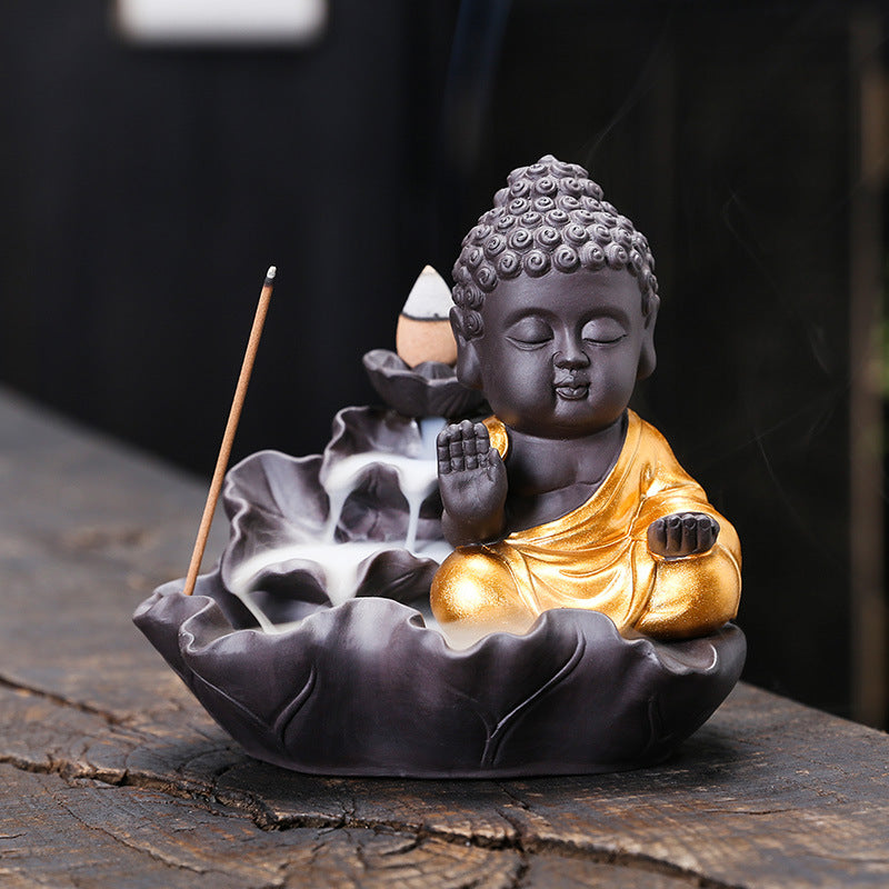zensoullab Purple Clay Lotus Leaf Backflow Incense Burner Home Decor Creative Lotus Gold-Plated Buddha Incense Backflow Burner