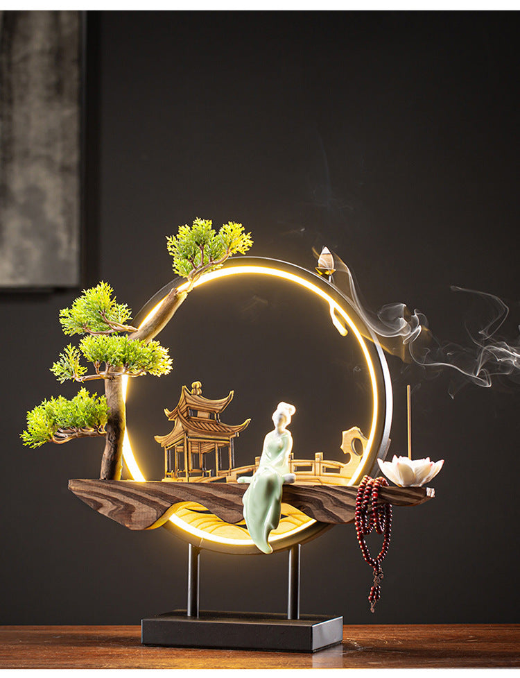Zensoullab New Chinese Style LED Lamp Ring Creative Backflow Incense Burner Zen Ornament Home Living Room Hallway Decoration Incense Burner Furnishings
