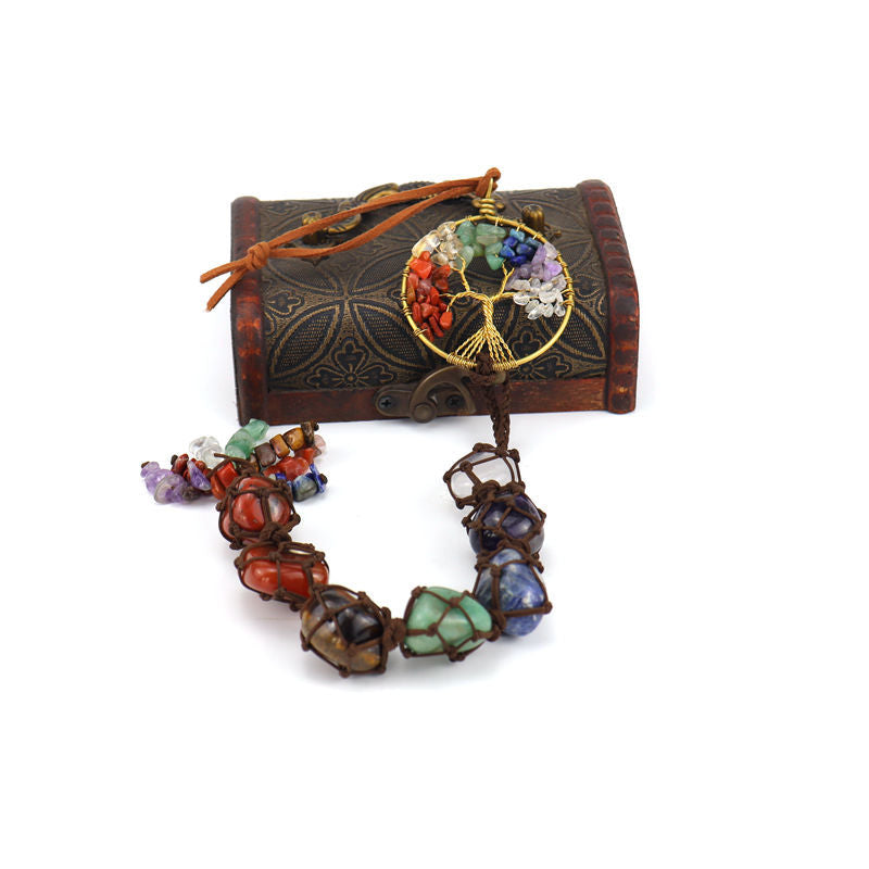 zensoullab7 Colorful Stone Seven Colors Crystal Raw Stone Hand-woven Pendant Natural Stone Tree of Life Car Hanging Dream Catcher Ornament