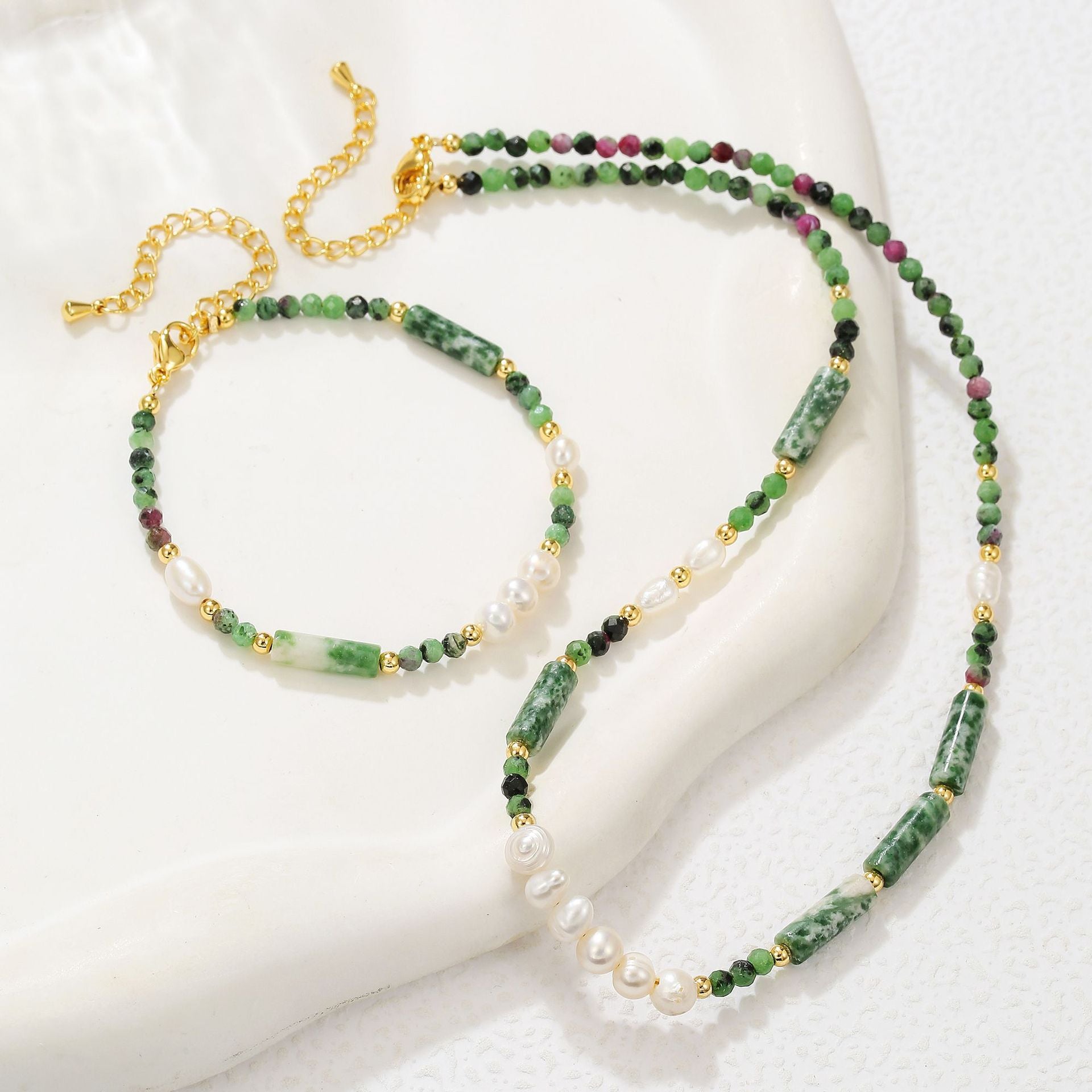 zensoullab Freshwater Pearl Natural Stone Bead Necklace Bracelet Melad Green Dot Stone Sweater Chain High-end