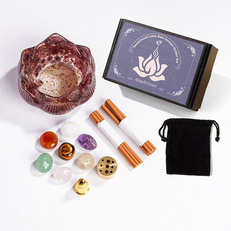 zensoullab Natural Amethyst Crushed Stone Lotus Bowl Incense Holder Set Box Demagnetization Meditation Yoga Incense Burner Incense Holder Base
