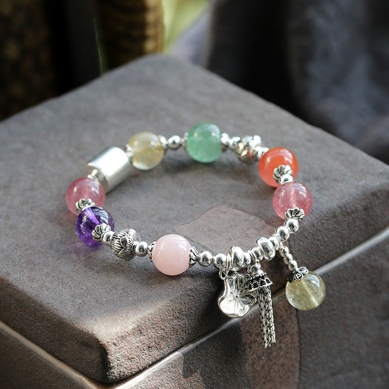 zensoullab Natural Multi-Gemstone Crystal Bracelet S925 Silver Lotus Tassel Bracelet Crystal Beaded Bracelet