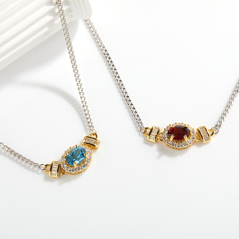 zensoullabs 925 Sterling Silver Inlaid Natural Multicolor Optional Gemstone Egg Pendant Collarbone Necklace Light Luxury Niche High-end Feel