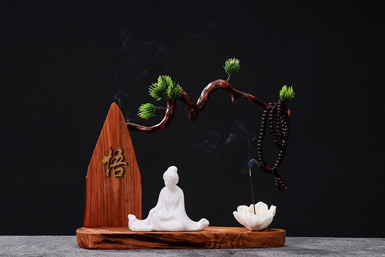 zensoullab Chinese Zen Style Formless Buddha Welcoming Guest Pine Root Carving Set Living Room Wine Cabinet Entrance Ceramic Li Bai Tea Table Home Decor