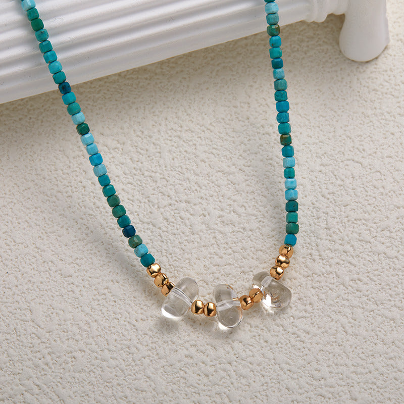 zensoullab Fashion Design S925 Sterling Silver Natural Turquoise White Crystal Necklace for Women Light Luxury High-end Beaded Choker