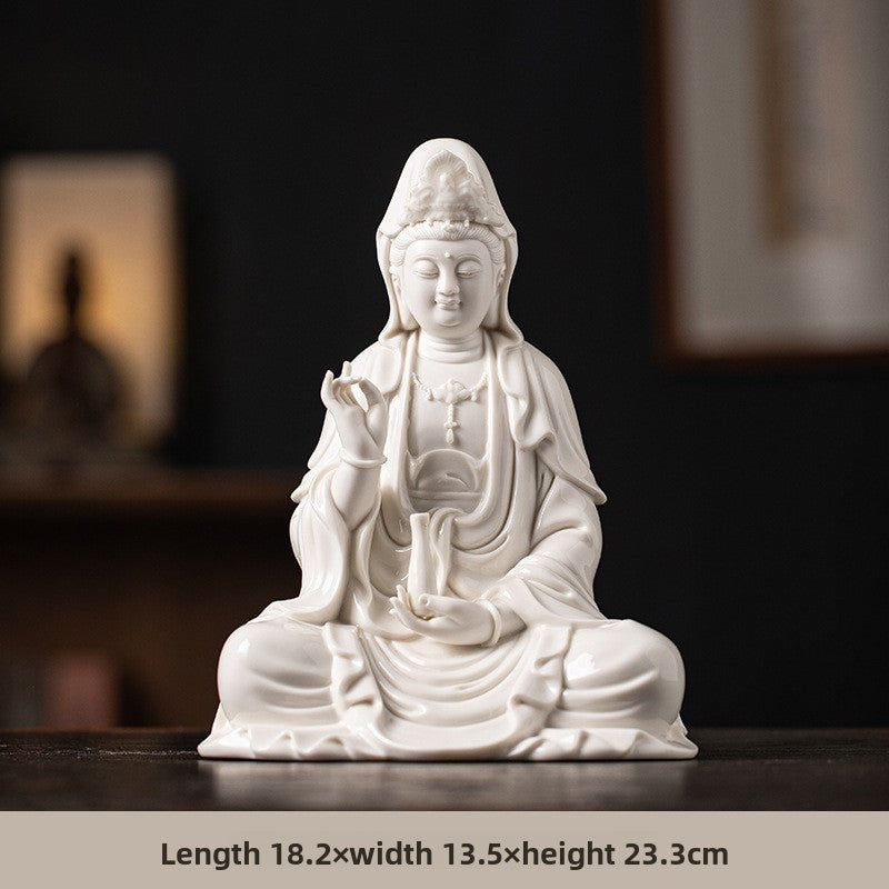 zensoullab Zen Style Chinese White Porcelain Holding Bottle Guanyin Buddha Statue Desktop Ornament Home Indoor Entrance Display Cabinet Decoration
