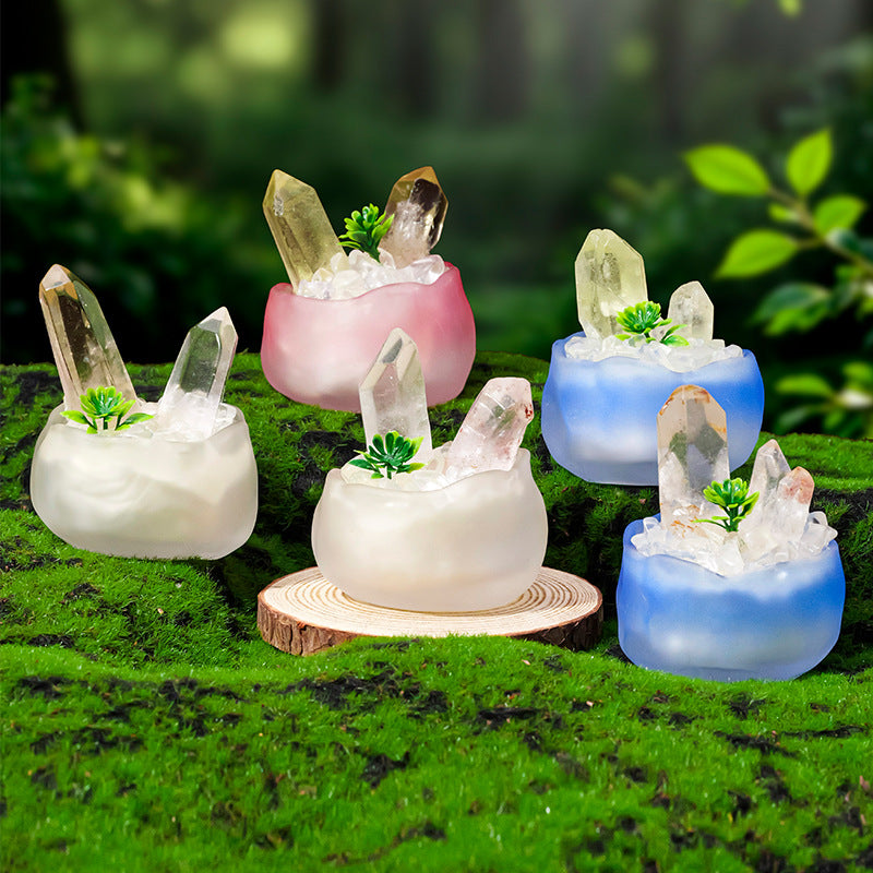 zensoullab Natural White Crystal Cluster Potted Yellow Crystal Single Crystal Crystal Column Tea Cup Micro Landscape Home Desktop Ornament