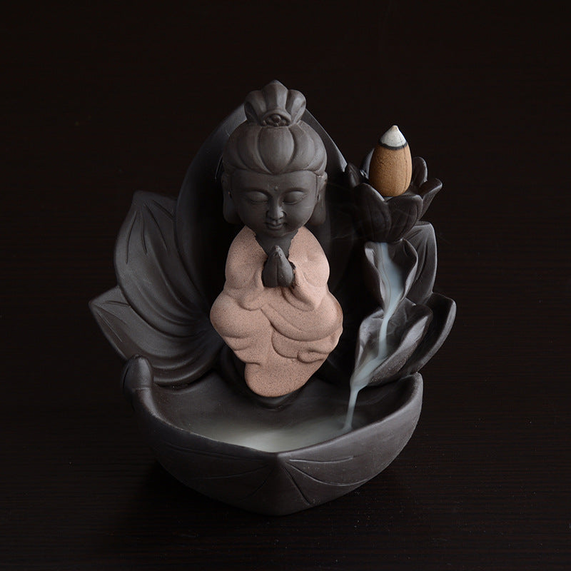 zensoullab Gift Ceramic Little Monk Retro Backflow Incense Burner Home Aromatherapy Burner Feng Shui Ornament Creative Guanyin Buddha Statue