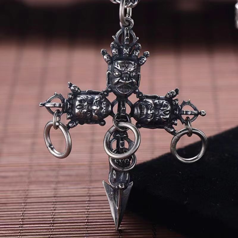 zensoullab Vintage Men's Jewelry Pu Ba Vajra Pendant Men's Antique Cross Demon-Subduing Vajra Thai Silver Necklace Amulet Magical Tool