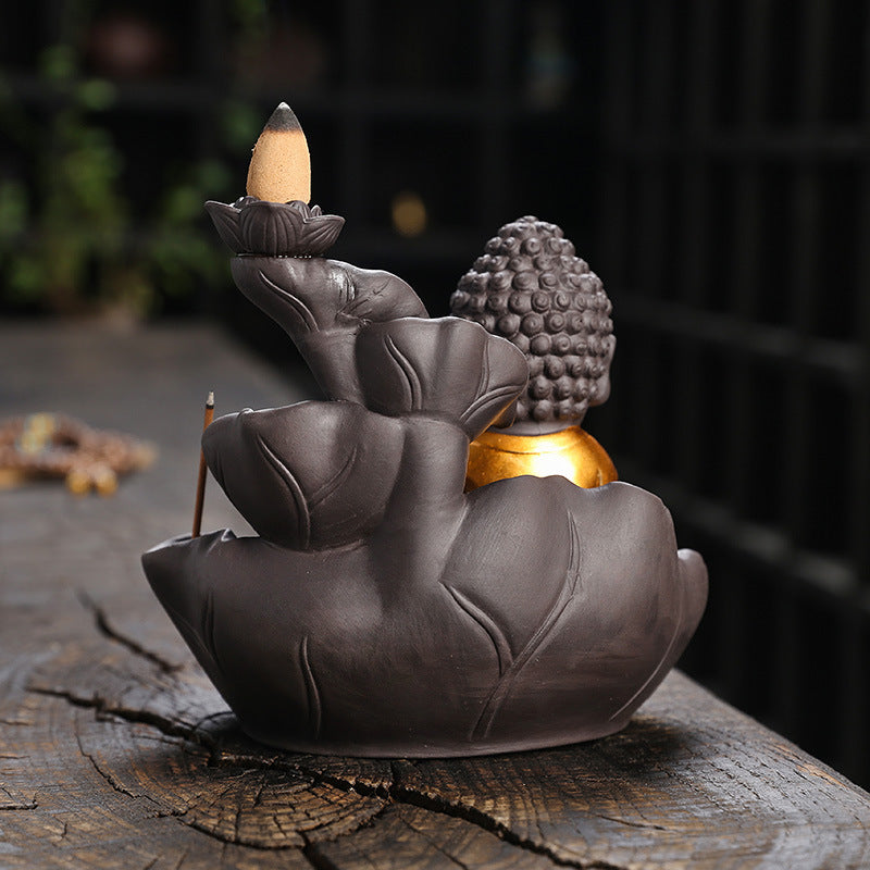 zensoullab Purple Clay Ceramic Backflow Incense Burner Crafts Creative Lotus Leaf Buddha Statue Small Novice Incense Burner Ornament