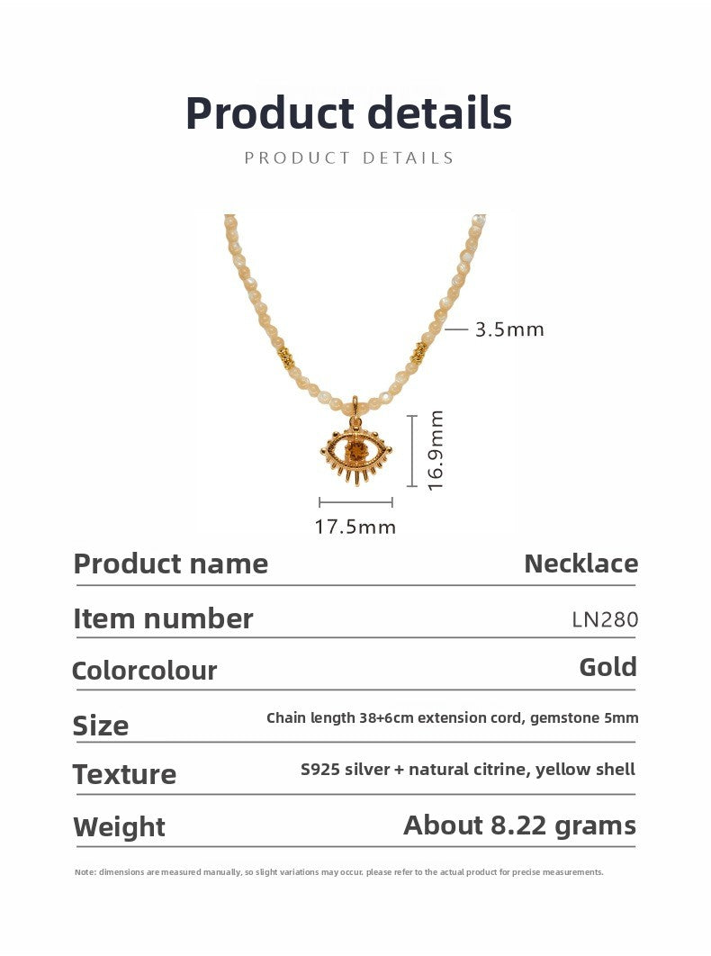 zensoullab S925 Sterling Silver Natural Yellow Shell Yellow Crystal Gemstone Necklace for Women Fashion Trend Devil's Eye Pendant Original Design