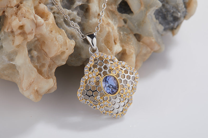 zensoullab Natural Tanzanite Hollow Pendant S925 Sterling Silver Necklace for Women Vintage Versatile Collarbone Chain Jewelry