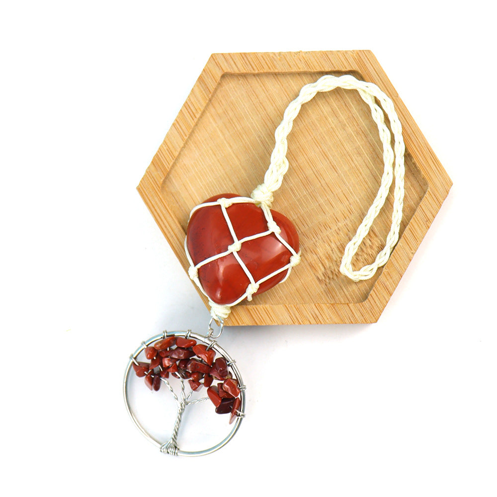 zensoullab Natural Crystal Heart-shaped Woven Net Bag Tree of Life Pendant Car Hanging Bag Accessories