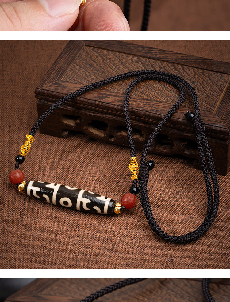 zensoullab Natural Tibetan Guru Rinpoche Three-Eyed Dzi Bead Necklace Agate Pendant Unisex Braided Necklace In Stock