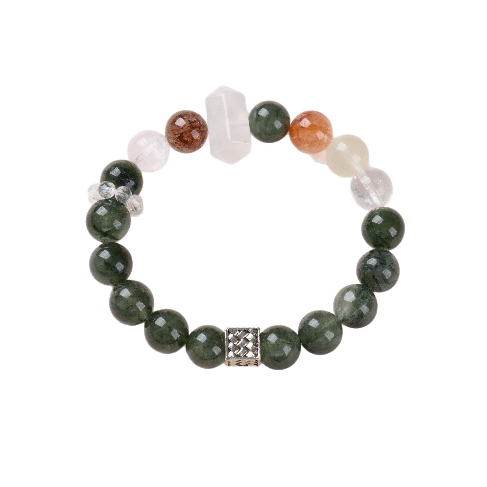 zensoullab Natural 10MM Green Rutilated Quartz Bracelet for Women Good Luck White Crystal Red Agate Flower Multi-Gemstone Crystal Bracelet