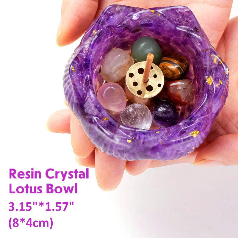 zensoullab Natural Amethyst Crushed Stone Lotus Bowl Incense Holder Set Box Demagnetization Meditation Yoga Incense Burner Incense Holder Base