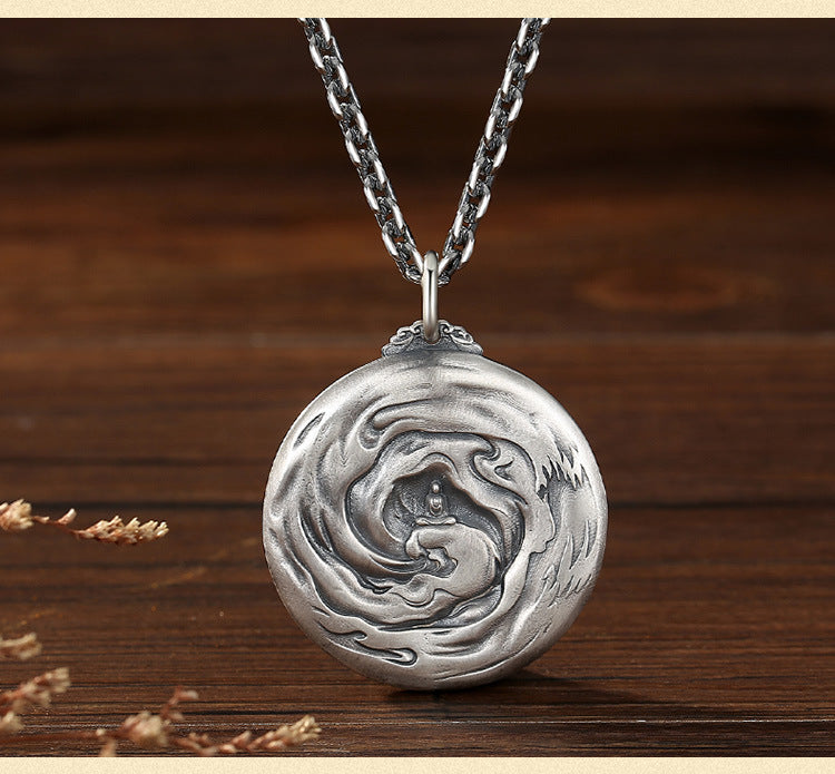zensoullab Thai Silver Vintage Buddha and Demon One Thought Pendant Men's Solid Vintage Round Large Buddha Pendant Chinese Style Necklace