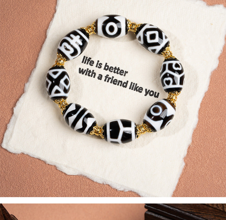 zensoullab Natural Multi-Gem Black and White Dalo Dzi Bead Taiwan Craft Agate Bracelet for Men and Women Couples Single Circle Bracelet In Stock