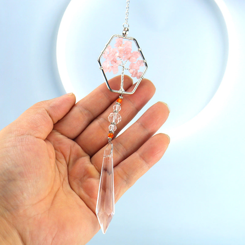 zensoullab Rose Quartz Crushed Stone Tree of Life Crystal Pendant Hanging Ornament Indoor Curtain Decoration Hanging Accessories
