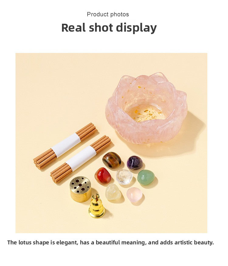 zensoullab Natural Amethyst Crushed Stone Lotus Bowl Incense Holder Set Box Demagnetization Meditation Yoga Incense Burner Incense Holder Base