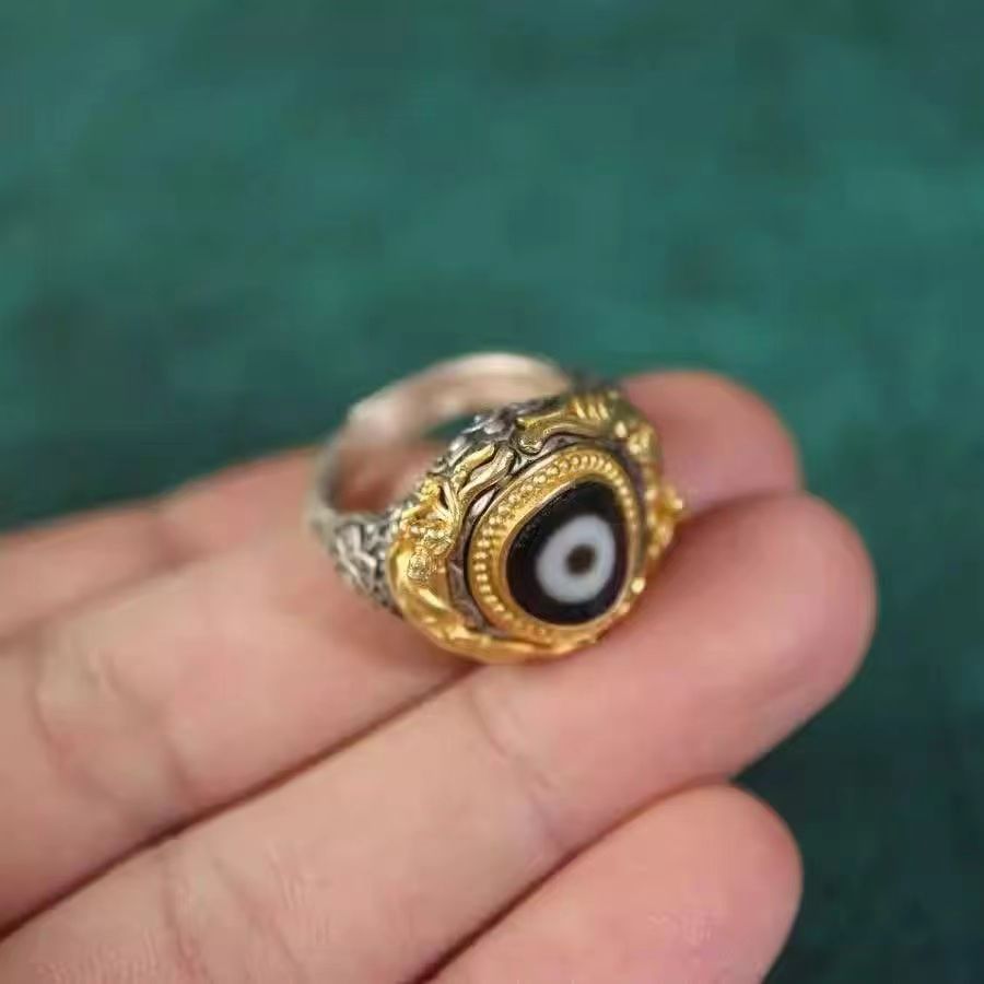 zensoullab Tibetan Broken Bead One-Eye Dzi Bead Ring Tibetan Style Handmade Inlaid Elegant Ethnic Retro Unisex Open Ring