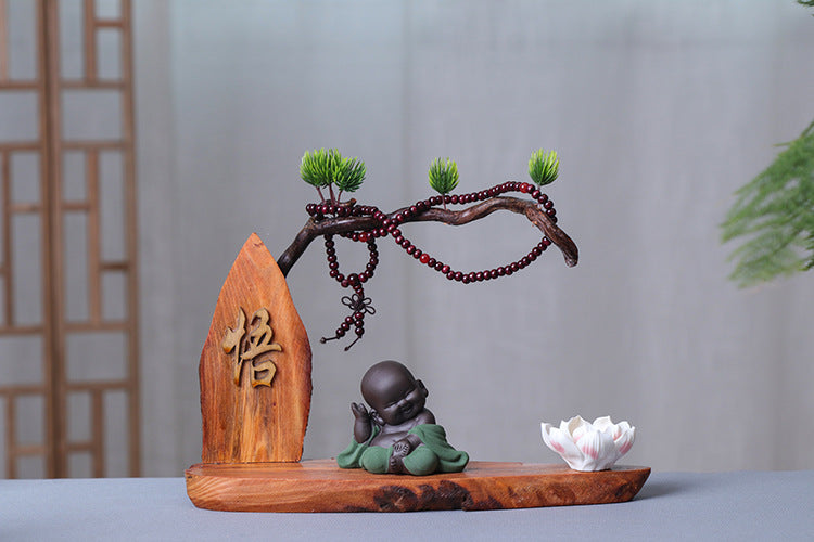 zensoullab Creative Chinese Style Welcoming Pine Root Carving Living Room Club TV Cabinet Zen Little Monk Ornament Maitreya Buddha Home Decor