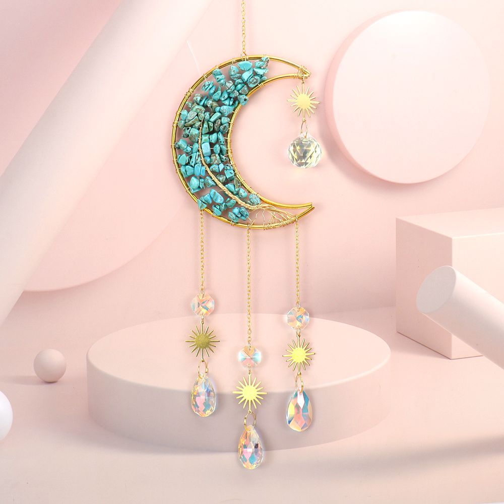 zensoullab Handmade Wire Wrapped Natural Crystal Gravel Tree of Life Moon Sun Catcher Hanging Ornament Wind Chime Decoration Pendant