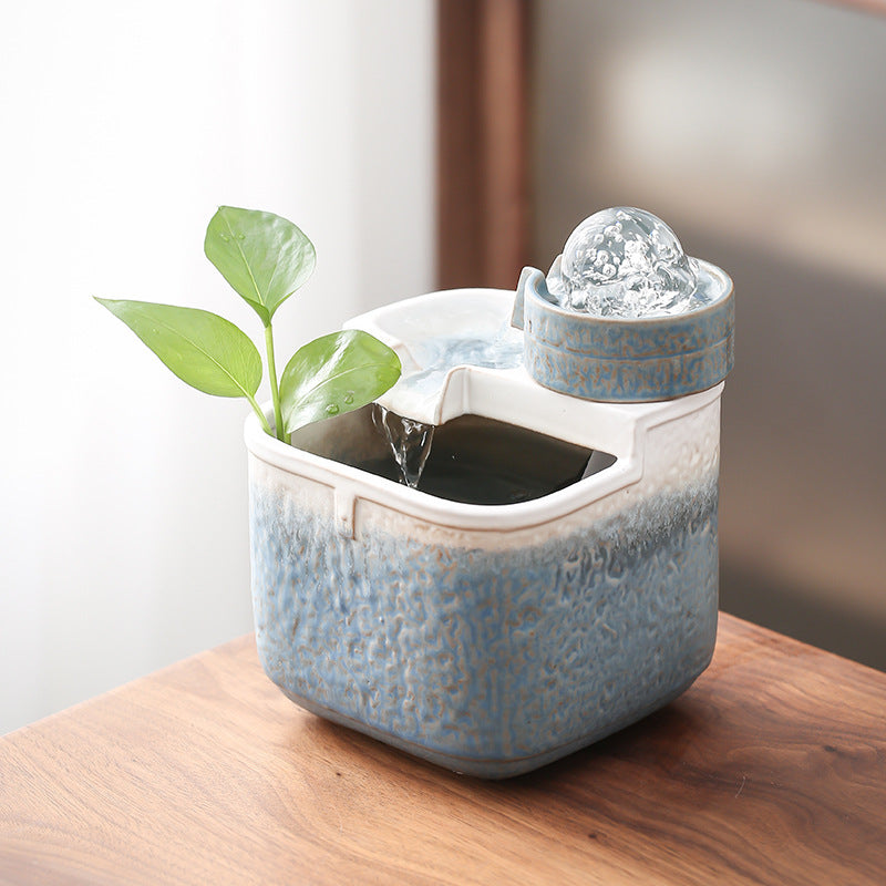 zensoullab Square Pool Desktop Ceramic Flowing Water Ornament Wealth Feng Shui Wheel Fountain Modern Tea Table Tea Desk Circulating Fortune Ball Water Feature