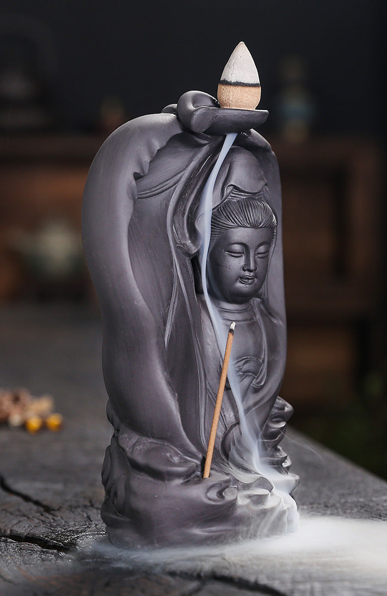 zensoullab Purple Clay Backflow Incense Burner Creative Bodhi Leaf Tathagata Guanyin Buddha Statue Backflow Incense Aromatherapy Burner Home Decor
