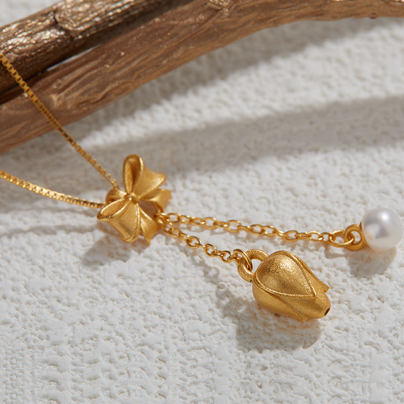 zensoullab Hot Selling S925 Sterling Silver Ancient Gold Inlaid Pearl Necklace for Women National Trend Simple Elegant Pendant