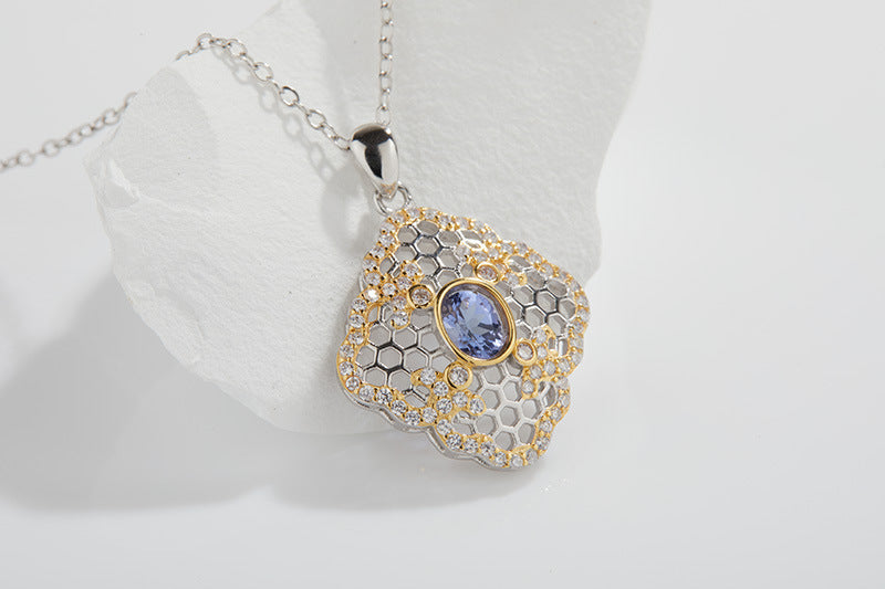 zensoullab Natural Tanzanite Hollow Pendant S925 Sterling Silver Necklace for Women Vintage Versatile Collarbone Chain Jewelry