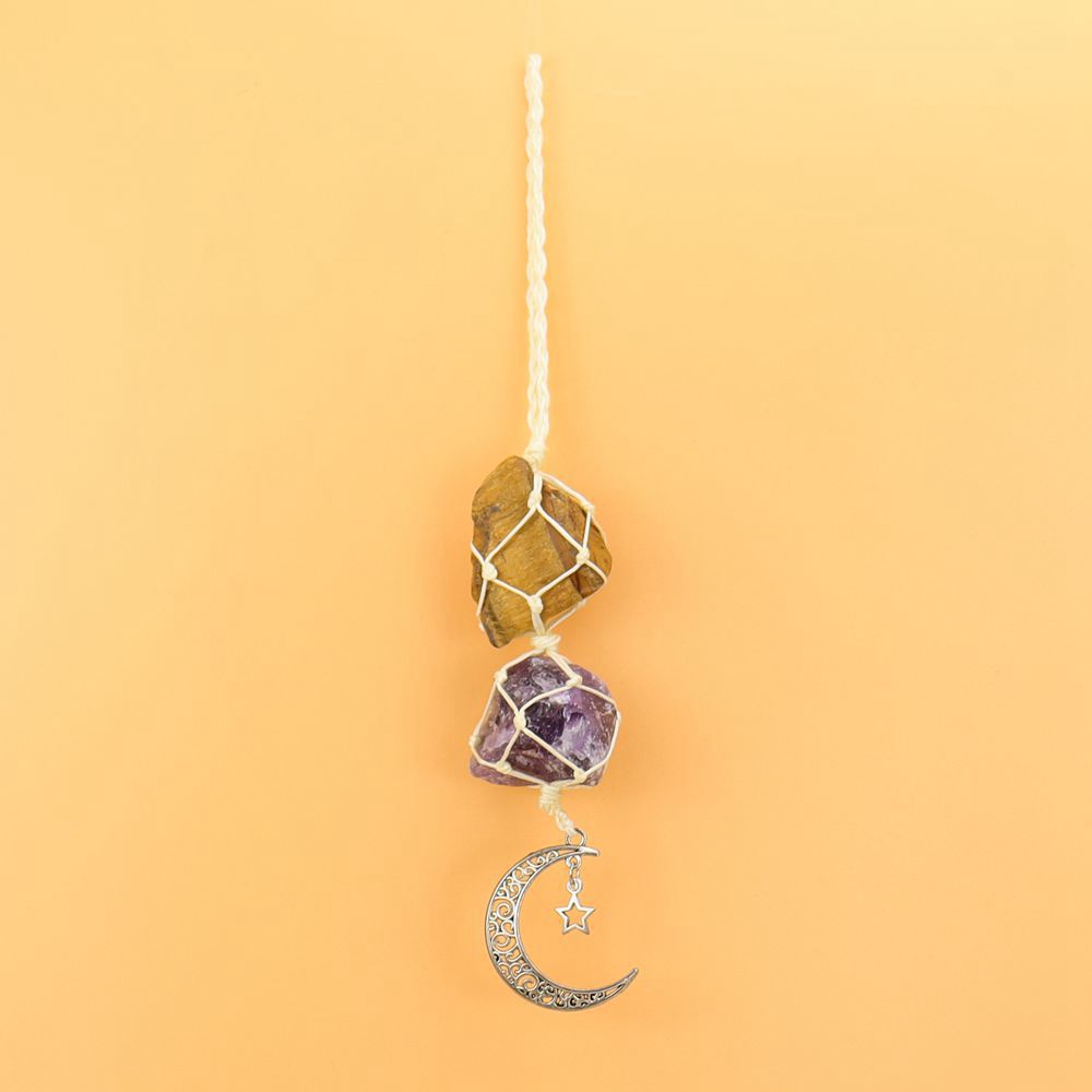 zensoullab Handmade Woven Raw Stone Crystal Pendant Star Moon Net Bag Car Hanging Amethyst Ornament