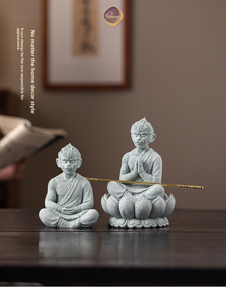 zensoullab Zen Style Chinese Green Sandstone Zen Sitting Monkey King Desktop Ornament Creative Living Room Fish Tank Landscaping Decoration